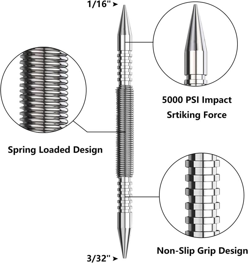SeonFook 2PCS Dual Head Nail Setter and Hinge Pin Punch Set, 3/32" & 1/16" Hammerless Spring Loaded Nail Punch Tool Spring Nail Set 5000 PSI Striking Force Hinge Pin Removal Tool for Metal or Wood - Image 2